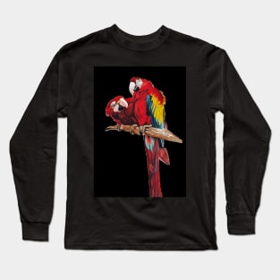 Red Macaw Parrot Watercolor Painting on Black Long Sleeve T-Shirt